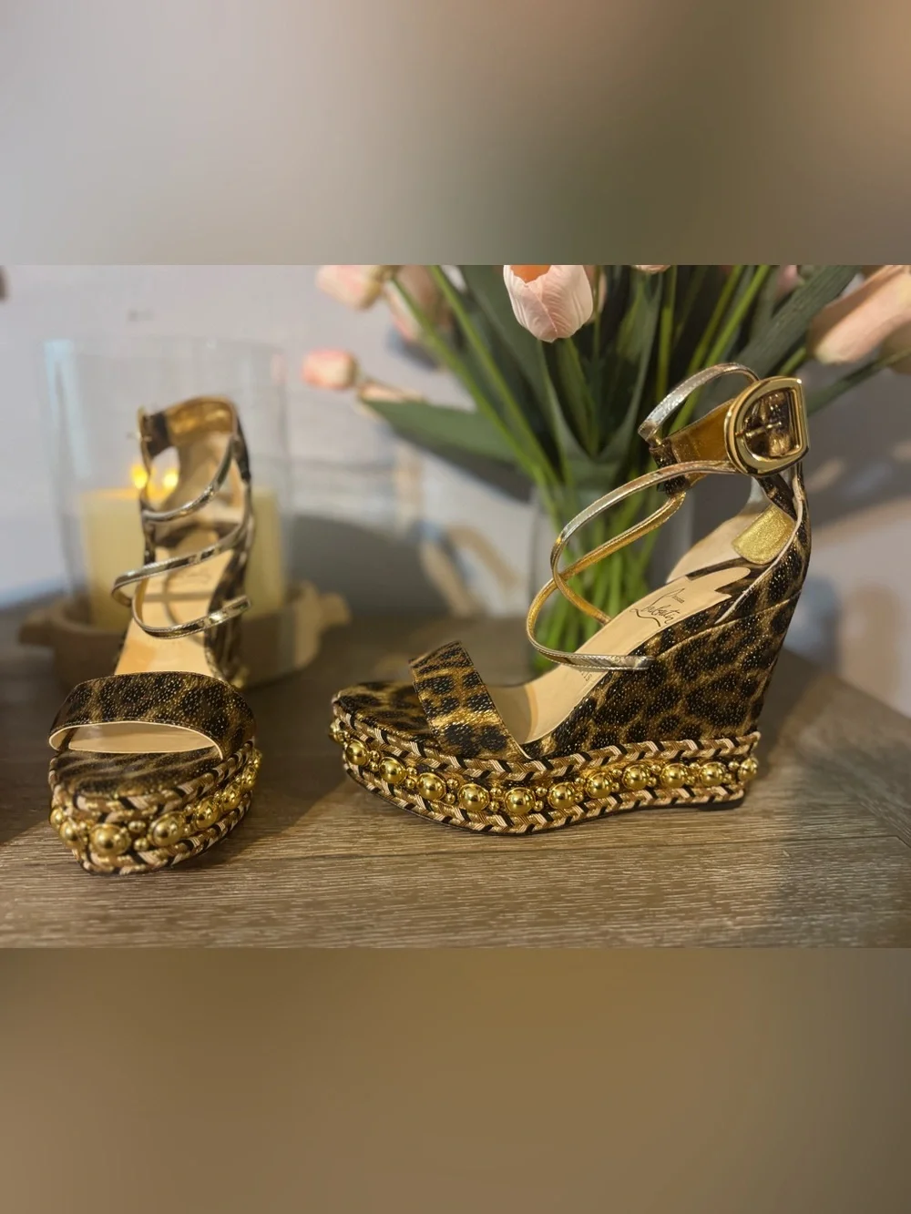 Christian Louboutin Leopard Print Wedge Sandals with Gold Accents
